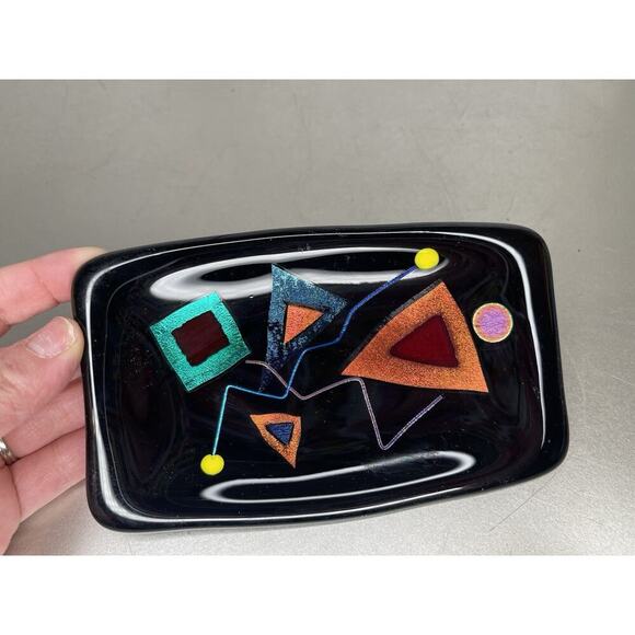 Art Glass Fused Black & Metallic Colorful Trinket Tray Dish Signed 6 X 3.5in - Picture 1 of 6